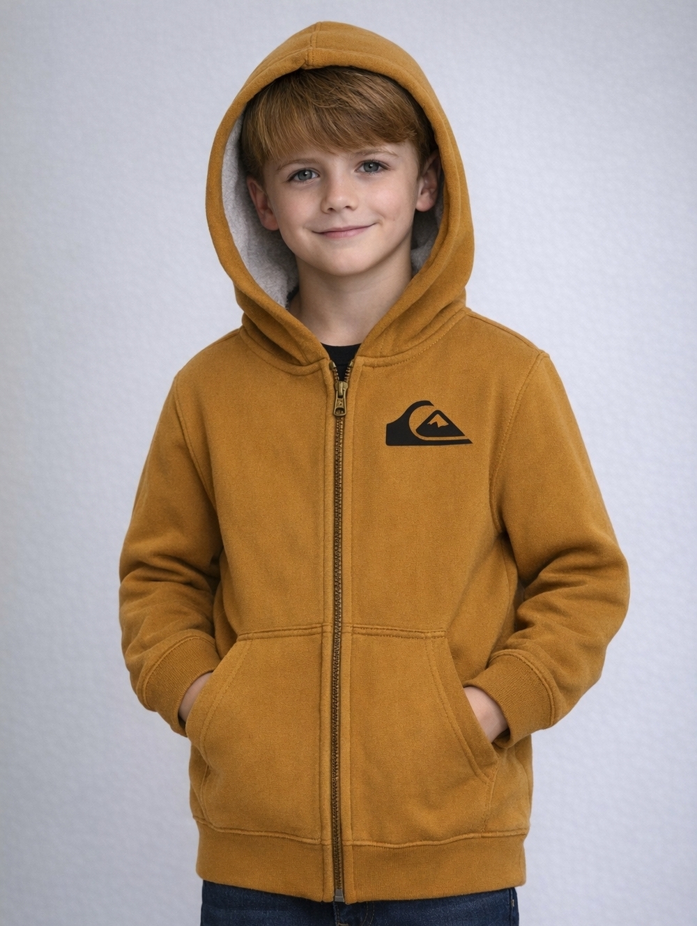 Quicksilver Hoodie Jacket Youth Size 7/8 Brown Logo Lined EUC Sherpa Lined